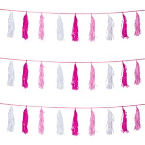 Set van 3x stuks kwast tassel feestslingers roze 3 meter - Meisjes geboren feestartikelen versieringen