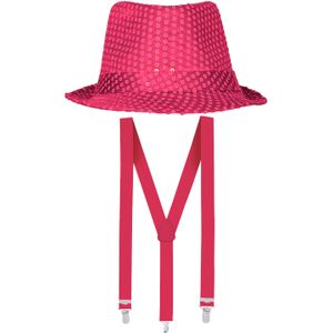 Carnaval verkleed set - hoedje en bretels - fuchsia roze - dames/heren