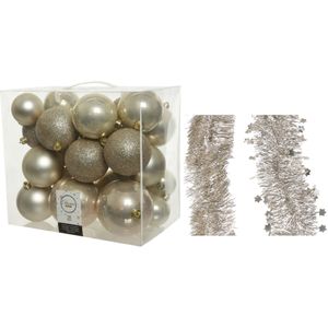 Kerstversiering kunststof kerstballen 6-8-10 cm met folieslingers pakket licht parel/champagne van 28x stuks - Kerstboomversiering