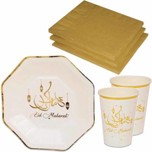 Tafel dekken Ramadan feestartikelen wit/goud 8x bordjes/8x drink bekers/20x servetten