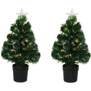 2x stuks fiber optic kerstboom/kunst kerstboom met verlichting en ster piek 60 cm - Fibre kerstbomen met lampjes/lichtjes