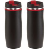 Set van 2x stuks rVS Warmhoudbeker/warm houd beker zwart/rood 400 ml - Isoleerbeker/thermosbekers - Dubbelwandig