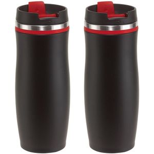 Set van 2x stuks rVS Warmhoudbeker/warm houd beker zwart/rood 400 ml - Isoleerbeker/thermosbekers - Dubbelwandig