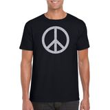 Toppers in concert Zwart Flower Power t-shirt zilveren glitter peace teken heren - Sixties/jaren 60 kleding