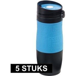 5x Thermosbekers/warmhoudbekers blauw/zwart 380 ml - Thermo koffie/thee isoleerbekers dubbelwandig met schroefdop