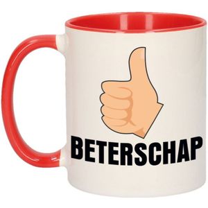 Beterschap duimpje omhoog cadeau koffiemok / theebeker wit en rood - 300 ml - keramiek - cadeau beker / beterschap mok