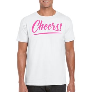 Bellatio Decorations Verkleed T-shirt voor heren - cheers - wit - roze glitter - carnaval