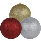 3x stuks grote glitter kerstballen van 18 cm set - Goud - Zilver - Rood - Kerstversieringen