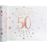 Feest/verjaardag/leeftijd tafelkleed met tafelloper op rol - 50 jaar tekst - wit/rose goud - Abraham/Sarah