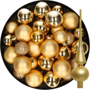 Kerstversiering kunststof kerstballen met glazen piek goud 6-8-10 cm pakket van 49x stuks - Kerstboomversiering
