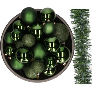 Kerstversiering set - donkergroen - 26x kerstballen 6-8-10 cm en kerstslinger - kunststof