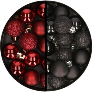 Kerstballen 34x st - 3 cm - donkerrood en zwart - kunststof