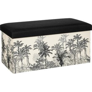 Atmosphera Poef/krukje/hocker Palmtrees - Opvouwbare zit opslag box - creme wit/zwart - 76 x 39 x 39 cm - MDF/polyester