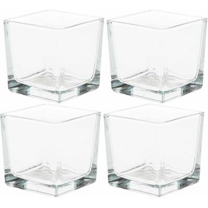 4x Glazen theelichten/waxinelichten kaarsenhouders vierkant transparant 8 x 8 cm - Woonaccessoires - Theelicht/waxinelicht kaarshouders