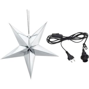 Kerstster decoratie zilveren ster lampion 70 cm inclusief zwarte lichtkabel