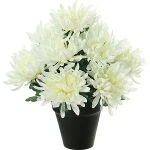 Louis Maes Kunstbloemen plant in pot - creme wit tinten - 28 cm - Bloemenstuk ornament - Chrysanten