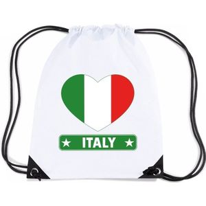 Italie nylon rijgkoord rugzak/ sporttas wit met Italiaanse vlag in hart