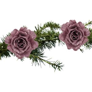 Kerstboom bloemen op clip - 2x stuks - roze glitter - kunststof -10 cm