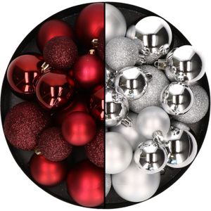 Kerstballen 60x stuks - mix donkerrood/zilver - 4-5-6 cm - kunststof - kerstversiering