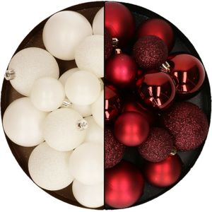 Kerstballen 60x stuks - mix donkerrood/wol wit - 4-5-6 cm - kunststof - kerstversiering