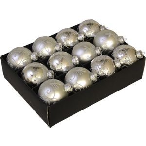 12x Glazen gedecoreerde zilveren kerstballen 7,5 cm - Luxe glazen kerstballen - kerstversiering zilver