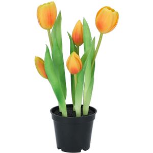 DK Design Kunst tulpen Holland in pot - 5x stuks - oranje - real touch - 26 cm - levensechte kunstbloemen