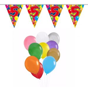 Folat - Verjaardag 5 jaar feest thema set 50x ballonnen en 2x leeftijd print vlaggenlijnen