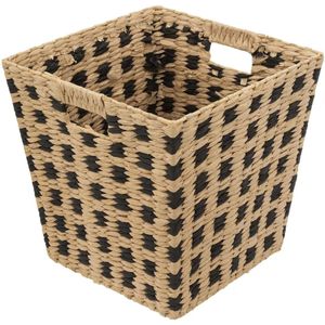 Gevlochten rieten opbergmand - vierkant - beige/zwart 31x31x31 cm - Kast-/badkamer mandjes