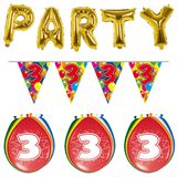 Folat - Verjaardag feestversiering 3 jaar PARTY letters en 16x ballonnen met 2x plastic vlaggetjes