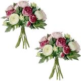 3x stuks roze Ranunculus/ranonkel kunstbloemen boeket 22 cm - Kunstbloemen boeketten -  Bruidsboeketten
