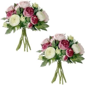 3x stuks roze Ranunculus/ranonkel kunstbloemen boeket 22 cm - Kunstbloemen boeketten -  Bruidsboeketten