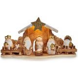 Krist+ kerststal - met beeldjes en verlichting - L33 x B10,5 x H16 cm