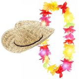 Carnaval verkleedset - Tropische Hawaii party - strohoed - en LED lights gekleurde bloemenslinger - voor volwassenen