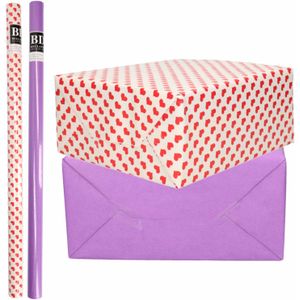 6x Rollen kraft inpakpapier liefde/rode hartjes pakket - paars 200 x 70 cm - cadeau/verzendpapier