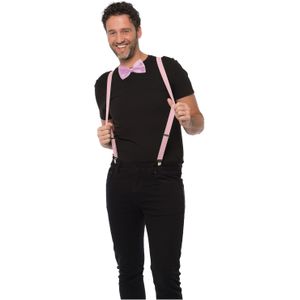 Carnaval verkleedset bretels en strik - licht roze - volwassenen/unisex - feestkleding accessoires