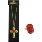 Sinterklaas sieraden set gouden ketting en rechthoekige ring met rode stenen