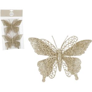 House of Seasons kerstboomversiering vlinders op clip - 2x st - champagne - 16 cm