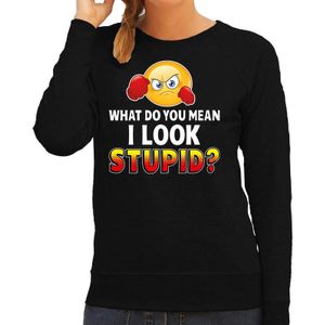 Funny emoticon sweater What do you mean I look stupid zwart voor dames - Fun / cadeau trui