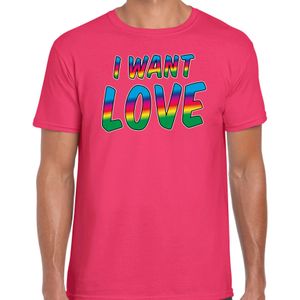 Bellatio Decorations Gay Pride t-shirt met tekst - heren - roze - I want love - LHBTI/LHBTIQ