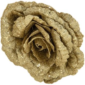 1x stuks decoratie bloemen roos goud glitterÃ op clip 18 cm - Decoratiebloemen/kerstboomversiering/kerstversiering