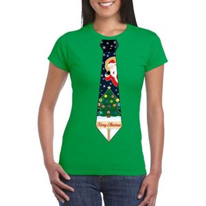 Groen kerst T-shirt voor dames - Kerstman en kerstboom stropdas print