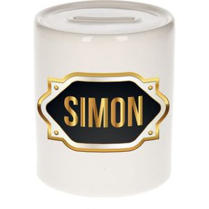 Simon naam cadeau spaarpot met gouden embleem - kado verjaardag/ vaderdag/ pensioen/ geslaagd/ bedankt