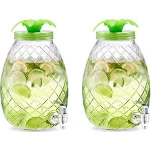 2x Groene glazen drank dispensers ananas 4,5 liter - Zeller - Keukenbenodigdheden - Zomers/tropisch tuinfeest decoratie - Dranken serveren - Drankdispensers - Dispensers voor o.a. sappen en limonade