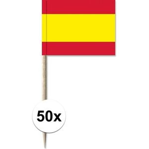 50x Cocktailprikkers Spanje 8 cm vlaggetje landen decoratie - Houten spiesjes met papieren vlaggetje - Wegwerp prikkertjes