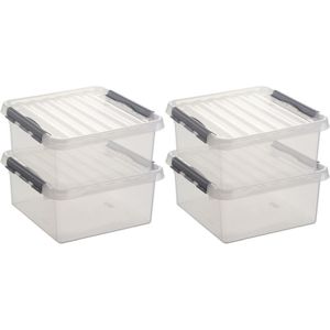 5x Sunware Q-Line opberg box/opbergdoos 18 liter 40 x 40 x 20 cm kunststof - Vierkante opslagbox - Opbergbak kunststof transparant/zilver