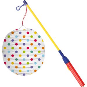 Bol lampion stippen - wit/regenboog - H22 cm - papier - met lampionstokje - 40 cm