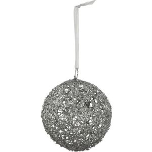 Kerstbal - zilver - 15 cm - met linnen hanger