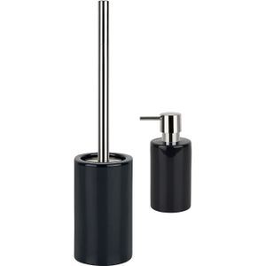 Spirella Badkamer accessoires set - WC-borstel/zeeppompje - porselein - zwart - Luxe uitstraling