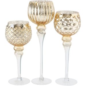Luxe glazen design kaarsenhouders/windlichten set van 3x stuks goud transparant met formaat tussen de 30 en 40 cm