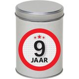 Cadeau/kado zilver rond blik 9 jaar 13 cm - Snoepblikken - Cadeauverpakking voor verjaardag